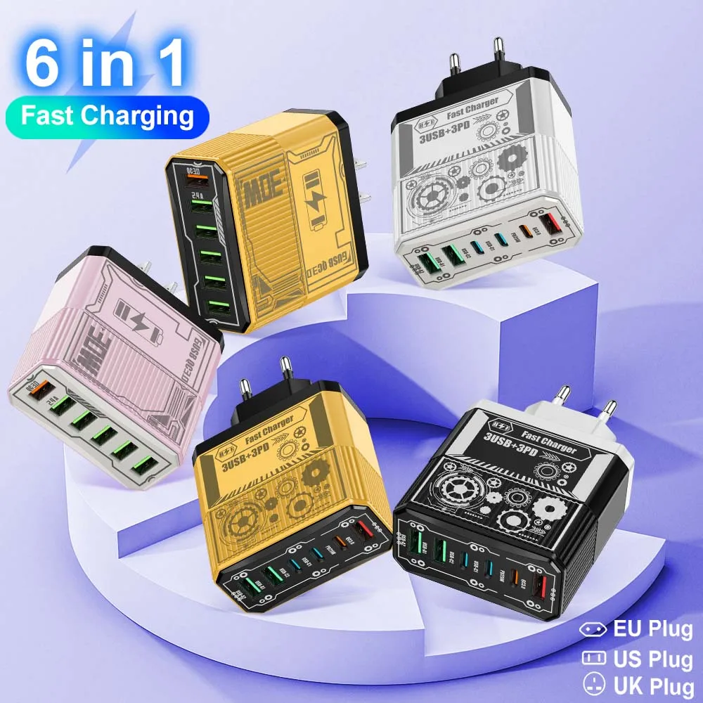 

6-портовый настенный адаптер для быстрой зарядки QC3.0 типа C для мобильного телефона iPhone Xiaomi Samsung, вилка европейского/американского/британского телефона