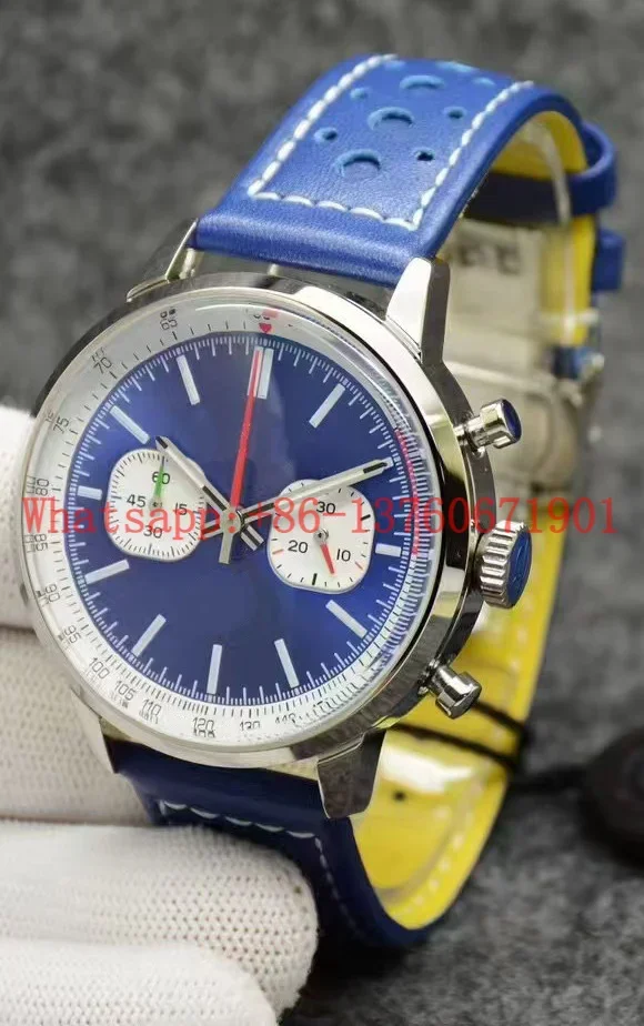 Luxury New Mens Quartz Chronograph Watch Stainless Steel Black Blue Brown Leather Sapphire Green Red Dial