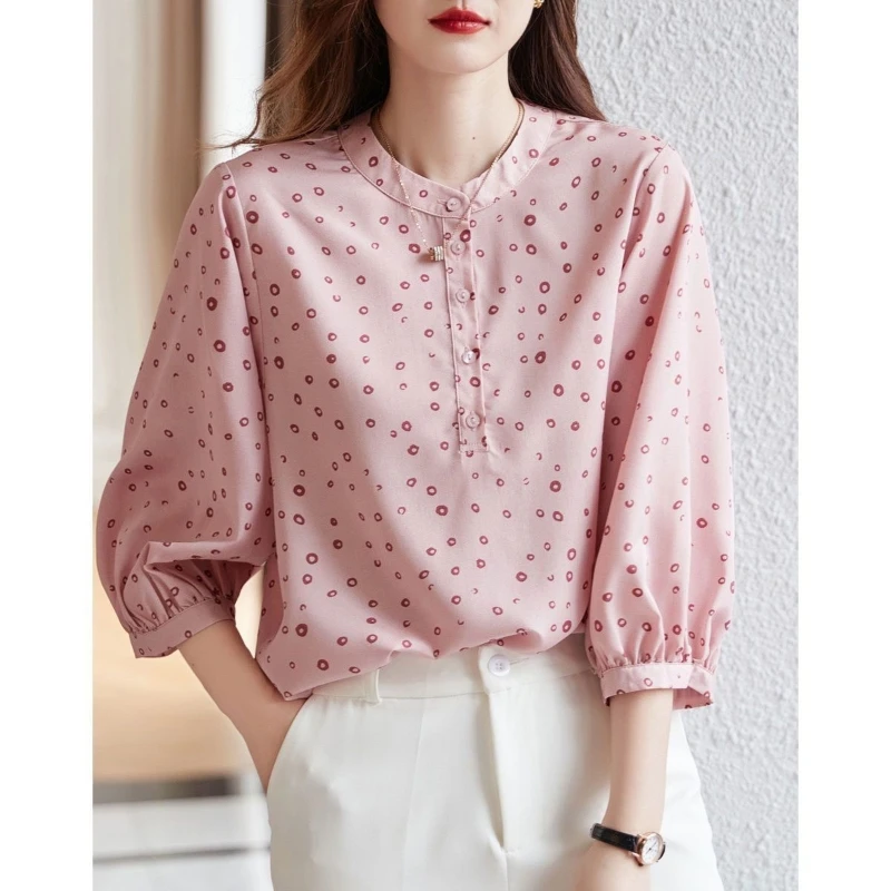 

2024 New Summer Commuting Minimalist Fashion Chiffon Blouses Round Neck Three Quarter Printed Button Polka Dot Women's Shirt Top