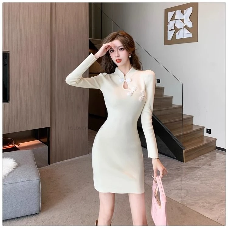 Chinese Style Unique lace-up Knitted Dress For Women Autumn Winter Elegant Body Shaping Inner Wear Bottom Improved Qipao Dress