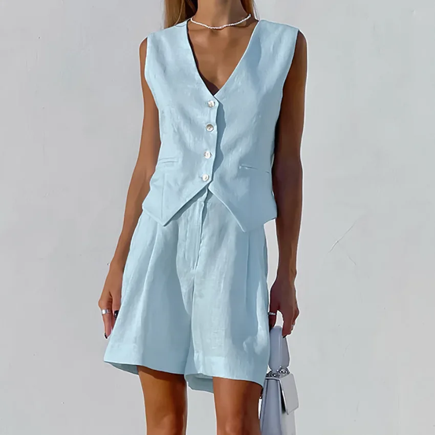 

Summer Fashion Vest Two Piece Set Women Casual Button Sleeveless Tank Top Shorts Two Piece Set Women