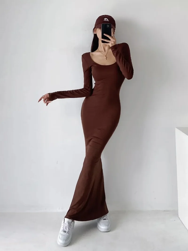 

2023 spring sexy square neck long-sleeved fishtail skirt tight-fitting buttock overlong dress fashion Korean top women dress