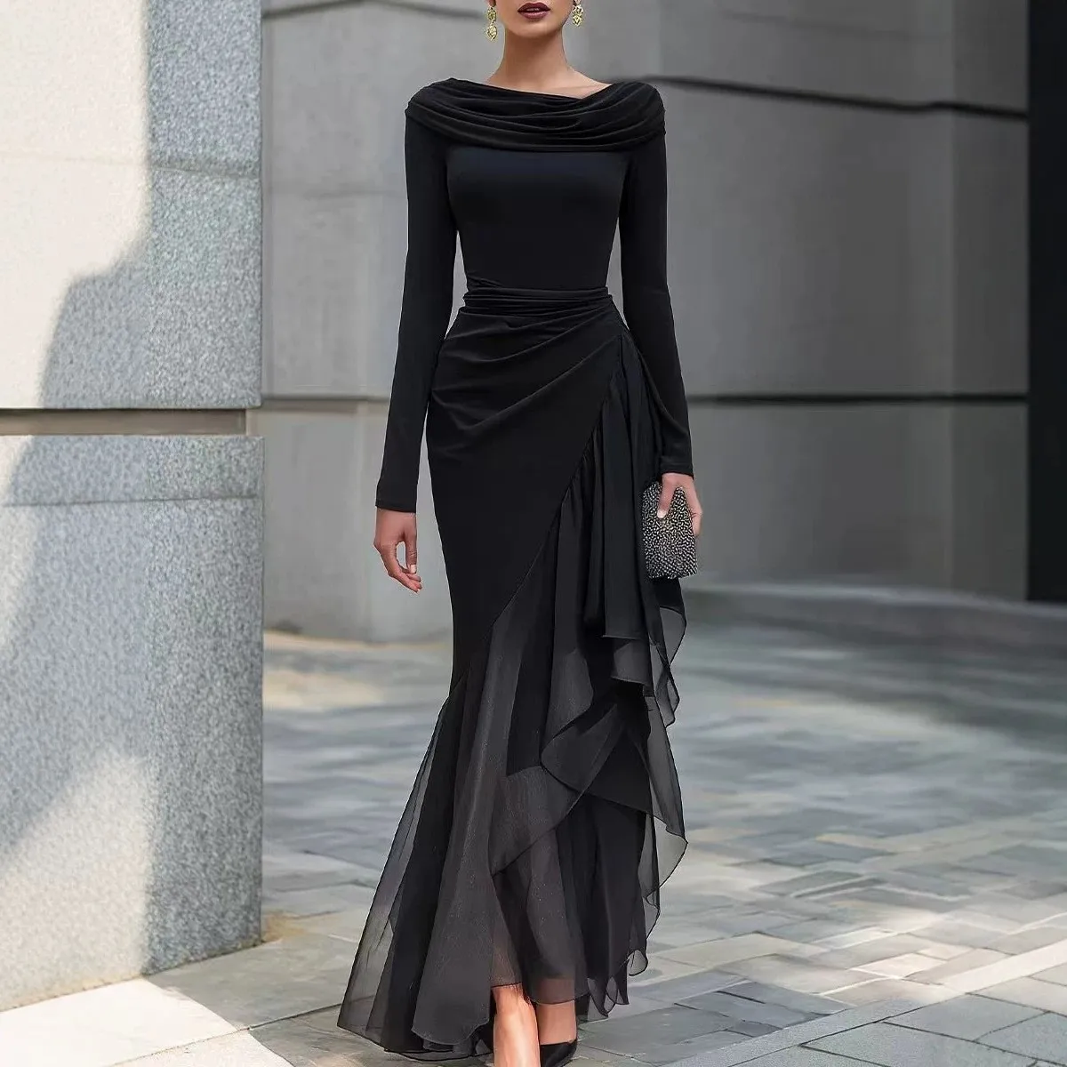 Patchwork Dresses Pleated Dress Maxi Length Elegant with Daily Short Sleeves Turtleneck Style Slim Fit Autumn Winter for Women