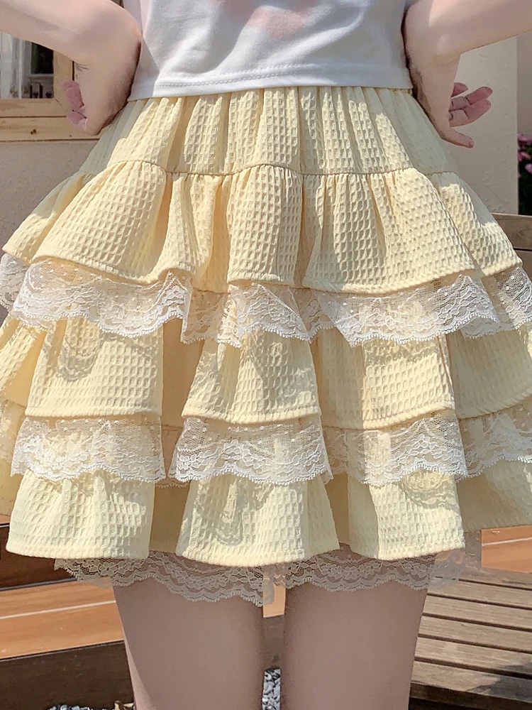 Japanese Sweet Chiffon Lolita Blue Yellow A-Line Mini Skirt Women\'S Spring Summer High Waist Kawaii Ruffles Above Knee Skirts