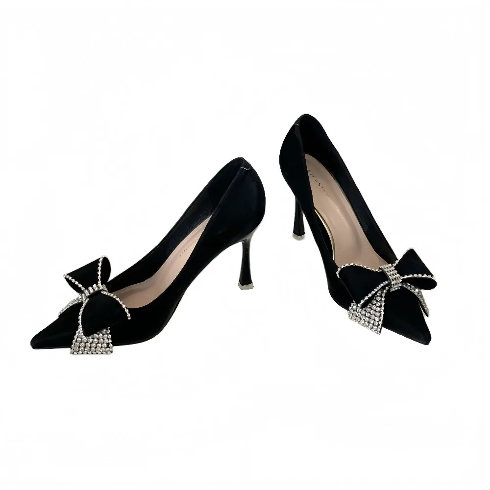 

Women's Shoes Versatile Single Shoes Spring Autumn Sexy Pointy Rhinestone Black Mature Women Thin Heels High-heel Zapatos Mujer