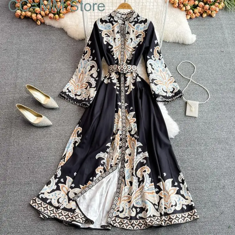 

New Sweet Style Long Dresse For Women Contrast Color Print Single-breasted High Waist Dresses Spring Summer