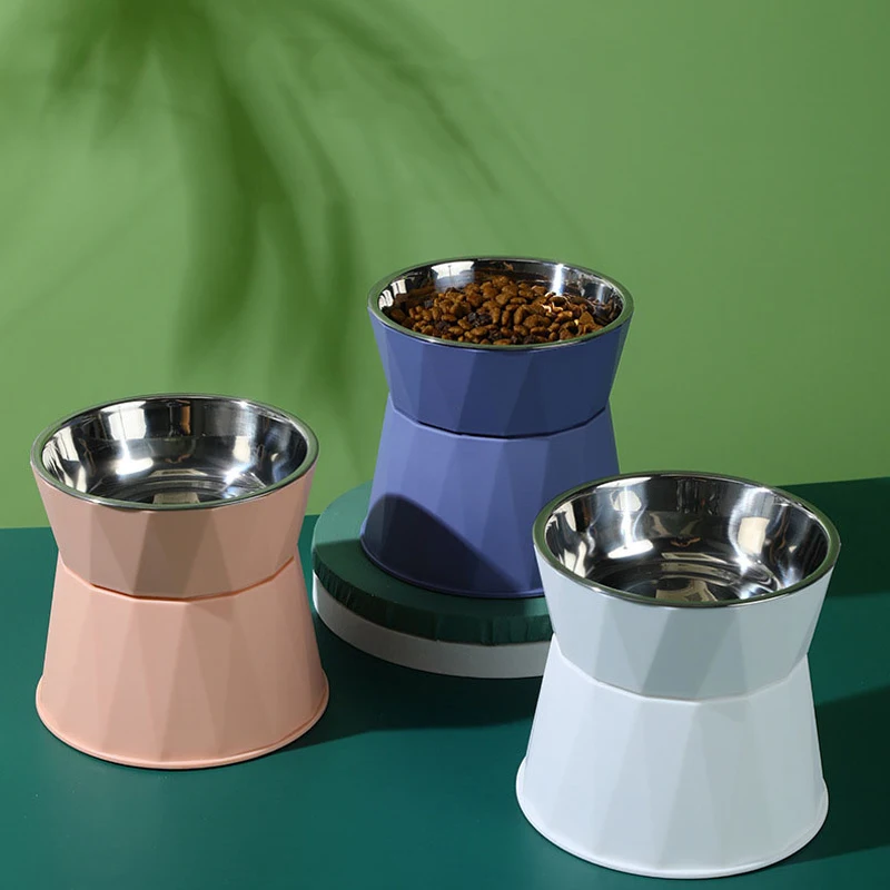 Tigela elevada antiderrapante para cães e gatos, tigela elevada de aço inoxidável para comida de gato, proteção para pescoço, filhote de cachorro, suprimentos de alimentação para gatos