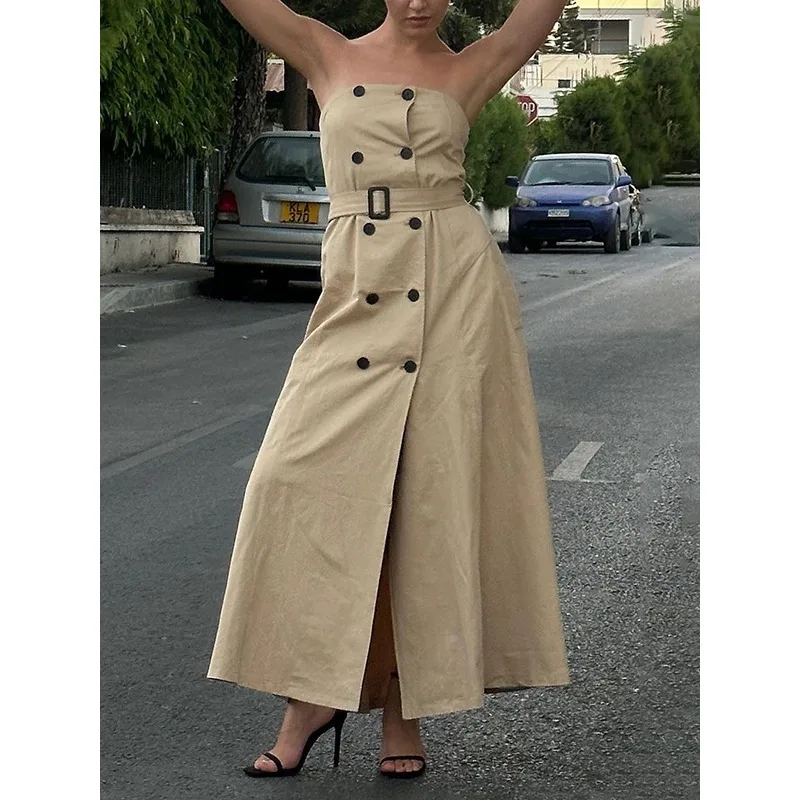 الكاكي ألف خط أنبوب فساتين امرأة 2026 أنيق تقسم مزدوجة الصدر جيوب تعادل الخصر حفلة عيد ميلاد فستان طويل أنيق 77615