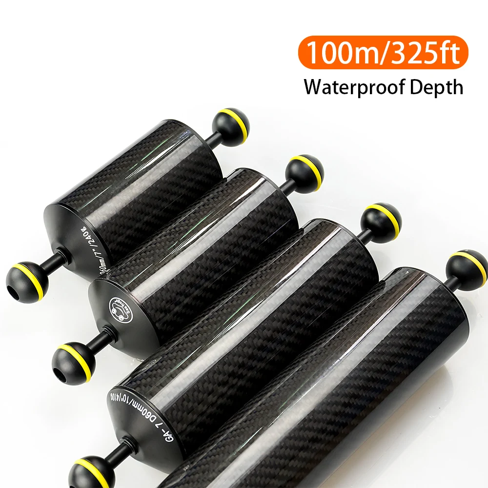 Seafrogs Diving 7/8/10/12inch D60mm Carbon Fiber Buoyancy Float Arms with1 inch Dual Ball Head Compression-Resistant Underwater