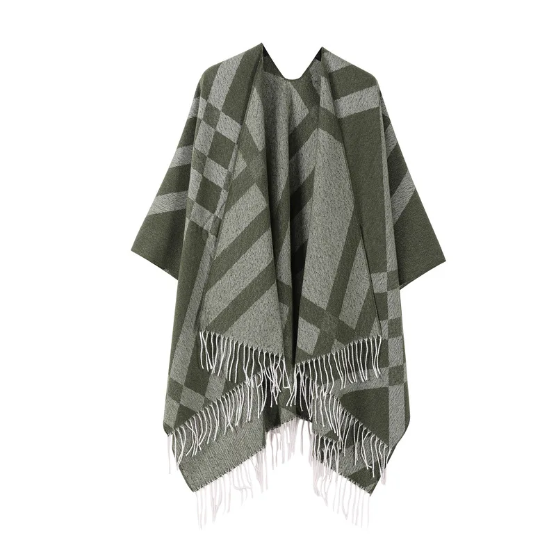 Winter tassel plaid women's travel shawl warm cape