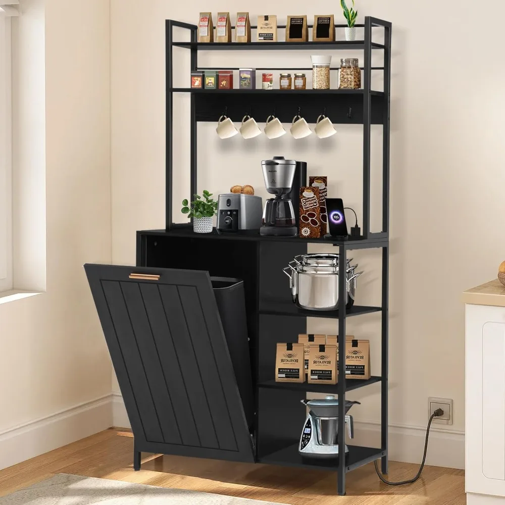 

Kitchen Bakers Rack with Power Outlets, Microwave Oven Organizer with Tilt Out Trash Can Cabinet Storage Coffee Bar Station