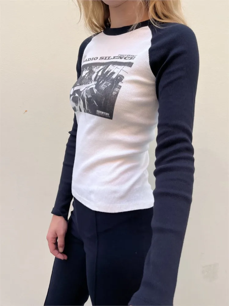 

Vintage Rock Guitarist Graphic T-shirts Women Autumn New Slim Cotton Ribbed Long Sleeve T Shirt Femme Streetwear Sweet Y2K Tops