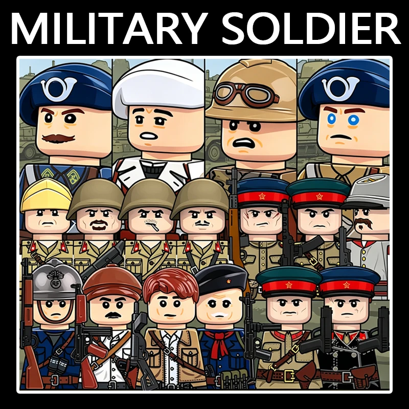 Figurines de soldats militaires italiens, blocs de construction, officier, armée, guerrier italien, guerrier français, infanterie, casque, accessoires d'armes à feu, briques, jouets