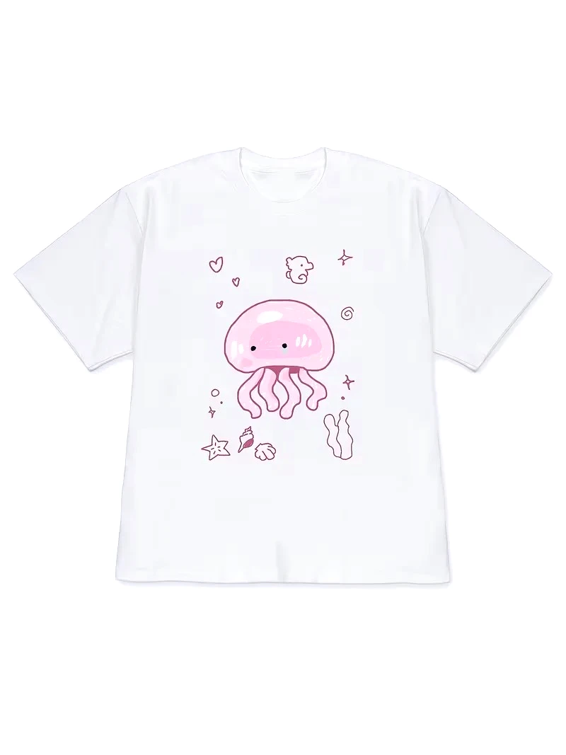 2026 Cartoon Alien Space T-Shirt Cute Hand Drawn Green UFO Print Short Sleeve Men Women Casual Summer Top