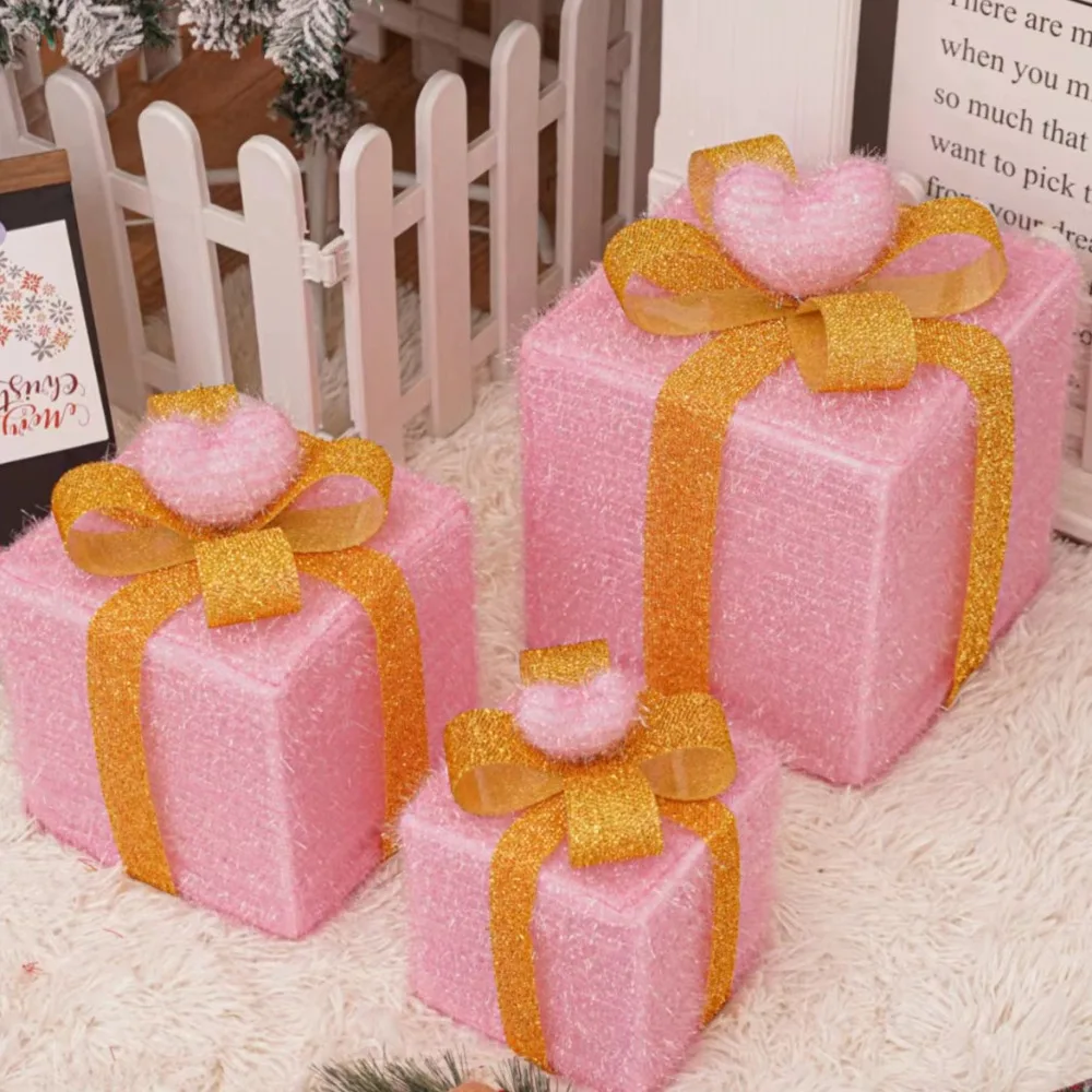 

3Pcs Christmas Glowing Decoration Lighted Gift Boxes Set Navidad with Bow Christmas LED Lights Box Luminous