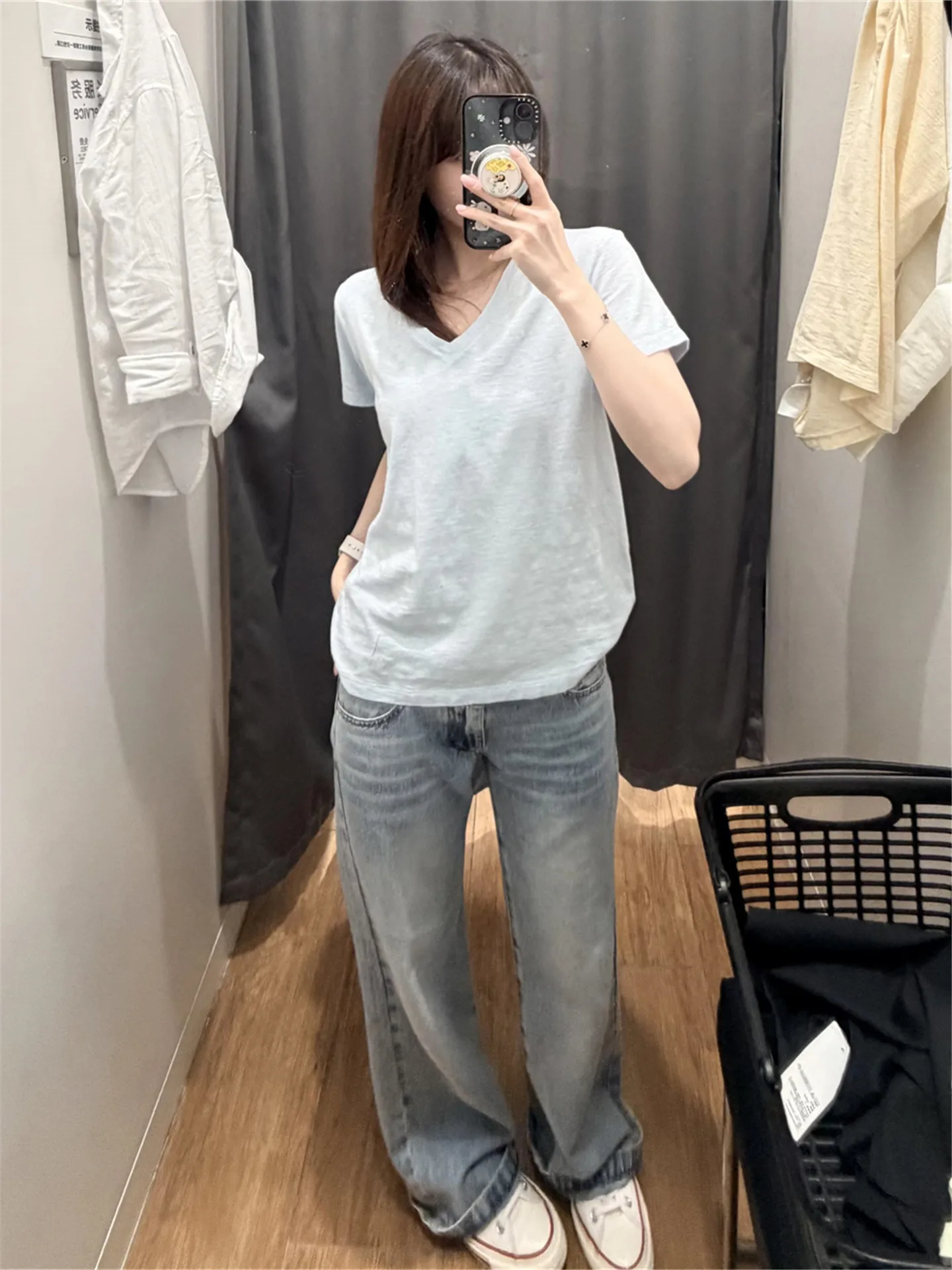 

Low Waist Straight Leg Blue Jeans Women Summer Loose Slimming Extended Wide Leg Floor Length Pants American Style Cotton Jeans