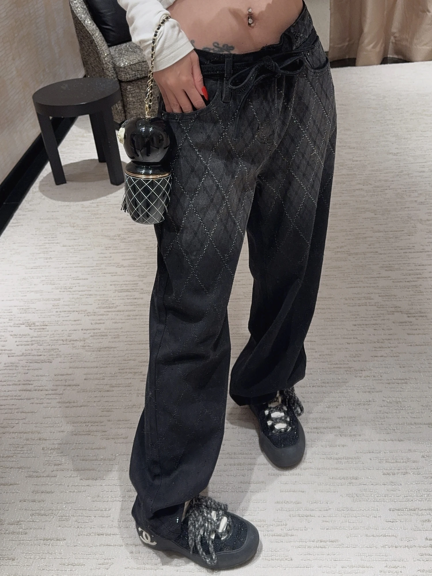 

Женские джинсы с высокой талией, подкладкой, стразами, зимние, повседневные, свободные, широкие штанины, удобные, из смесового хлопка