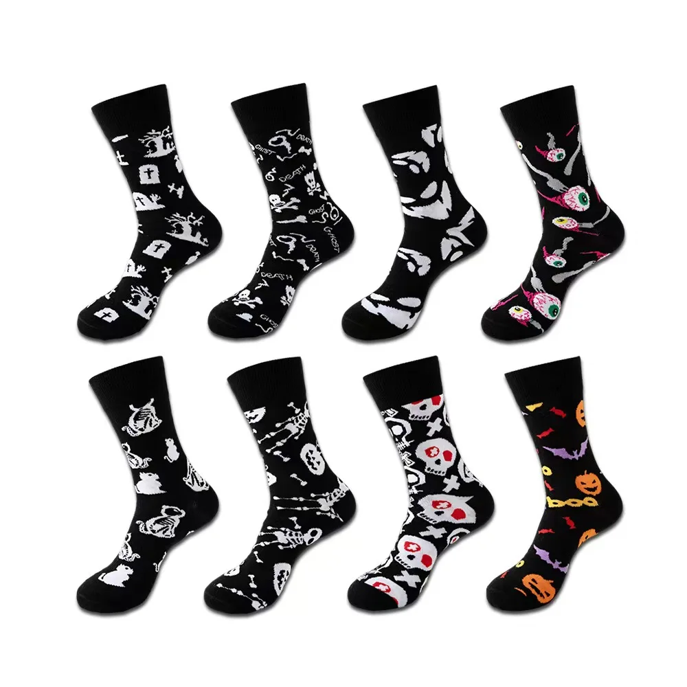 1/8 Paar Unisex-Halloween-bedruckte Mid-Tube-Socken, modischer Totenkopf-Kürbis, schweißabsorbierend, atmungsaktiv, für alle Jahreszeiten, Freizeitsocken – Detail 2