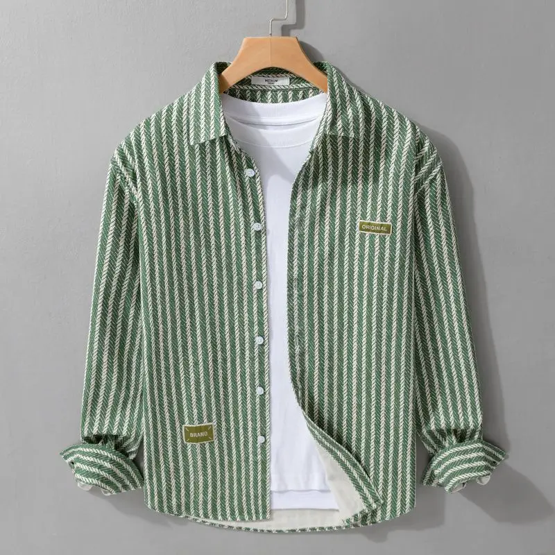 

Spring and Autumn Striped Shirt Jacket Male Handsome Youth High -level Sense Top New Long -sleeved Casual Shirt JJ175