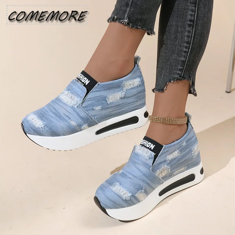 Sapatilhas de plataforma vulcanizada para mulheres, tênis jeans casual, mocassim confortável, tendência da moda, meninas, primavera, verão, 2025