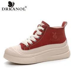 DRKANOL 2026 Autumn Winter Flat Platform Shoes Women Mixed Colors Genuine Cow Leather Short Boots Lace-Up High Top Casual Shoes