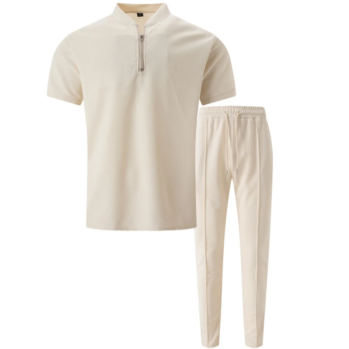 2025 Cross border Men's European and American New Waffle Collar Small Zipper Solid Color Men's Short sleeved Pants Set