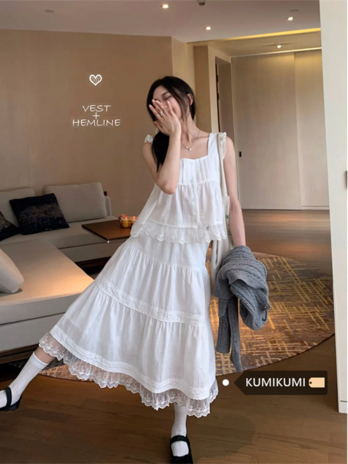 

Early Summer Set Women's White Lace Trim Vest A-Line Skirt f Skirt Cake Skirt Two-Piece Set Faionable