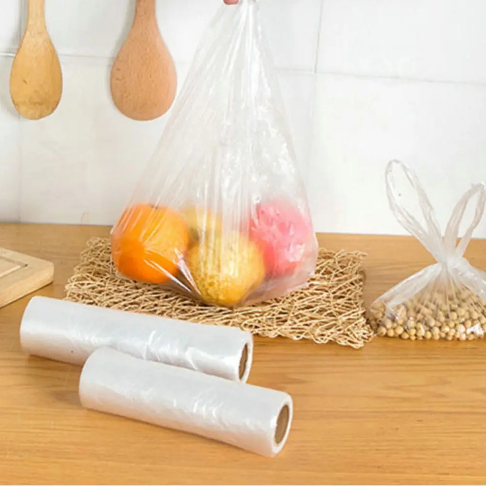 100Bags/Roll Plastic Food Storage Bags with Portable Handle for Vegetable Fruits Bread Kitchen Organizer Transpare Storage Bags