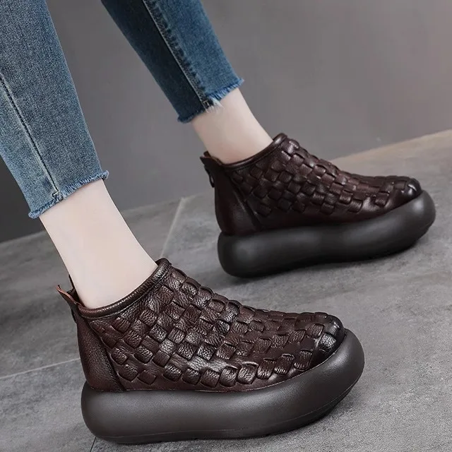 

Women's High Top Shoes Thick Bottom Short Boots Retro Woven Leather Shoes round Toe High Heel Composite Bottom Fashion Boots