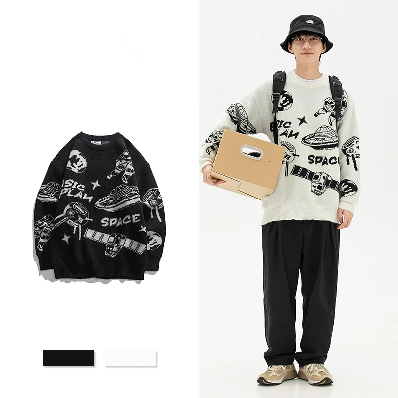 Japanese Cartoon Sweaters Men' Harajuku Vintage Space Printed Autumn Knitted Pullover Hiphop Fashion Loose Jumpers Ropa Hombre