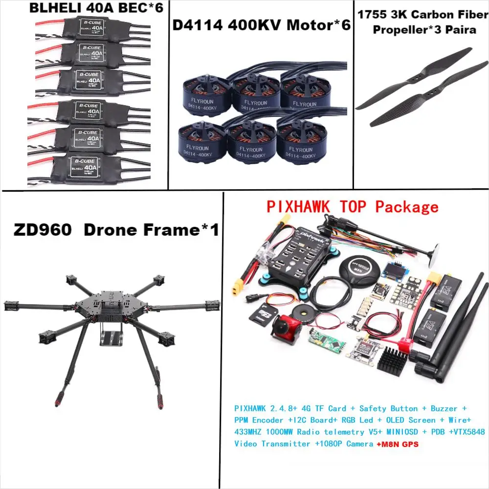 Angeltoy ZD960 PIXHAWK2.4.8 M8N Estrutura hexa-rotor de fibra de carbono completa BLHELI 40A ESC Conjunto de telemetria Rado de controle de voo