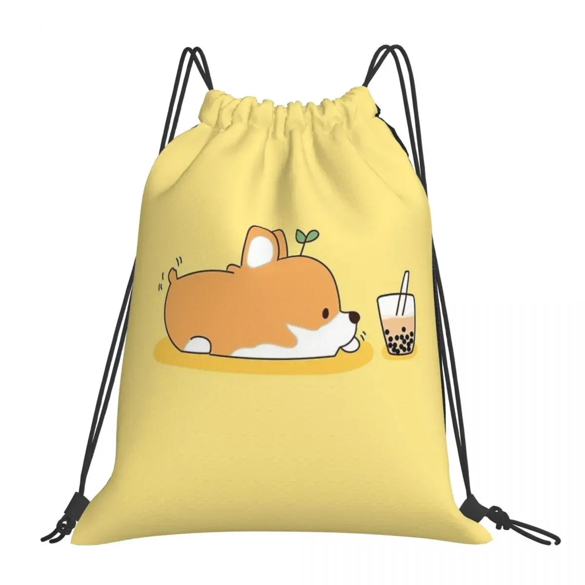 

Corgi And Bubble Tea Backpacks Casual Portable Drawstring Bags Drawstring Bundle Pocket Sports Bag BookBag For Travel Students