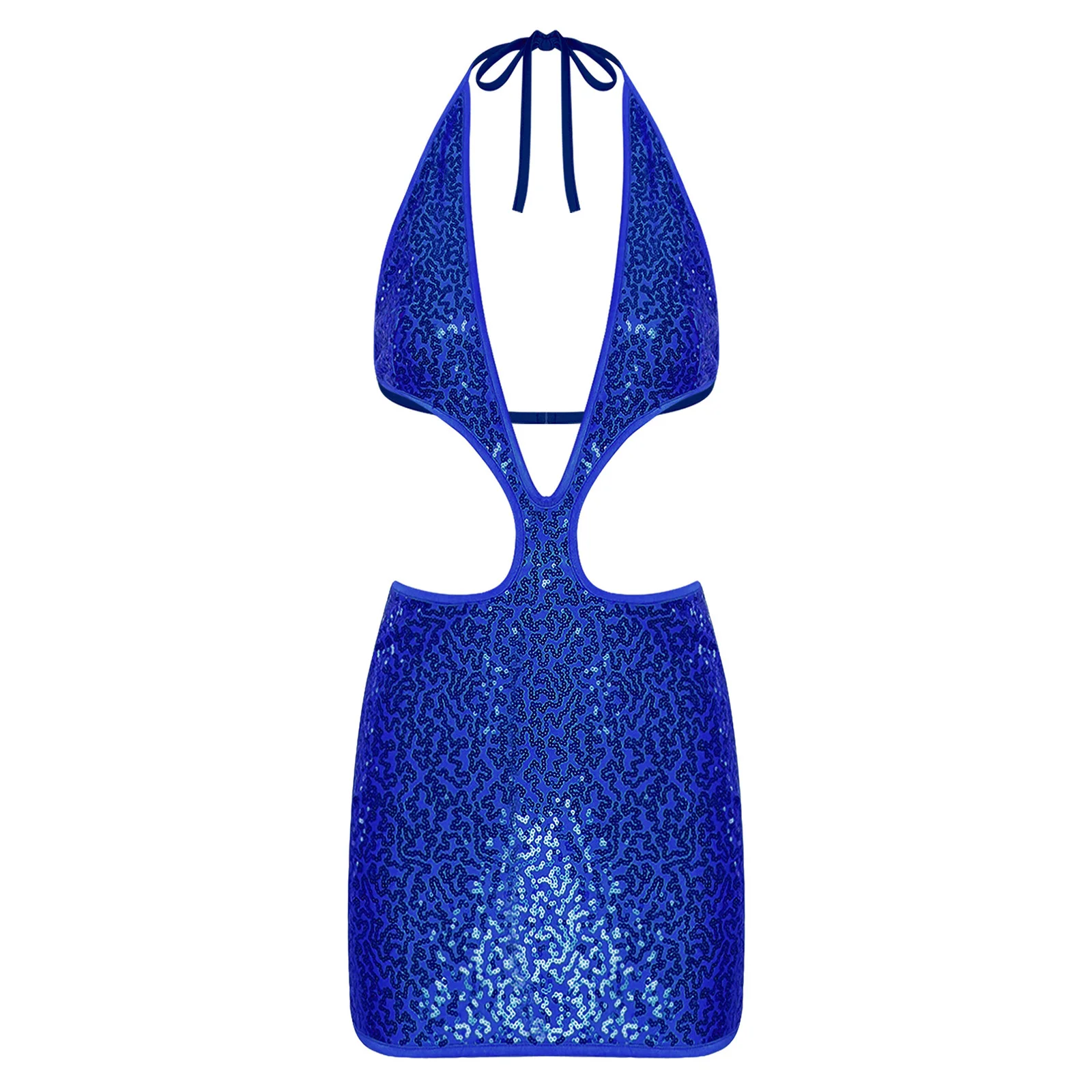 فستان نسائي قصير مزين بالترتر اللامع بدون ظهر مع رسن عميق على شكل حرف V مفتوح من الخلف مفرغ فستان ضيق للنادي الليلي ملابس الشاطئ