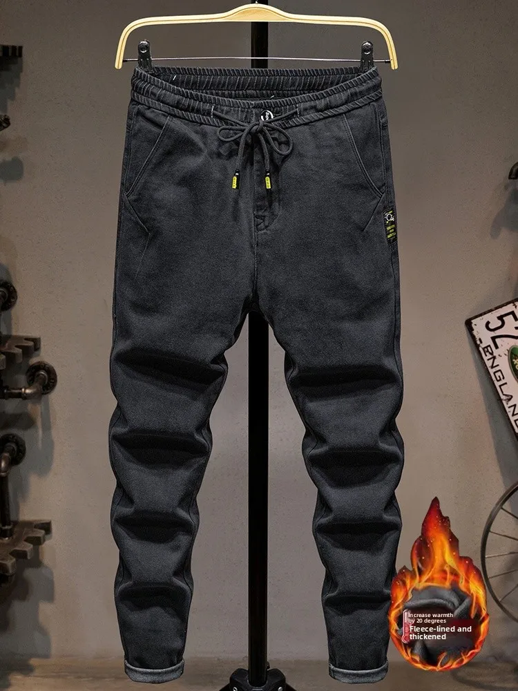 

Мужские джинсы на флисовой подкладке, прямые, утепленные, осенне-зимние, корейский стиль, эластичные, облегающие, длинные брюки, черные