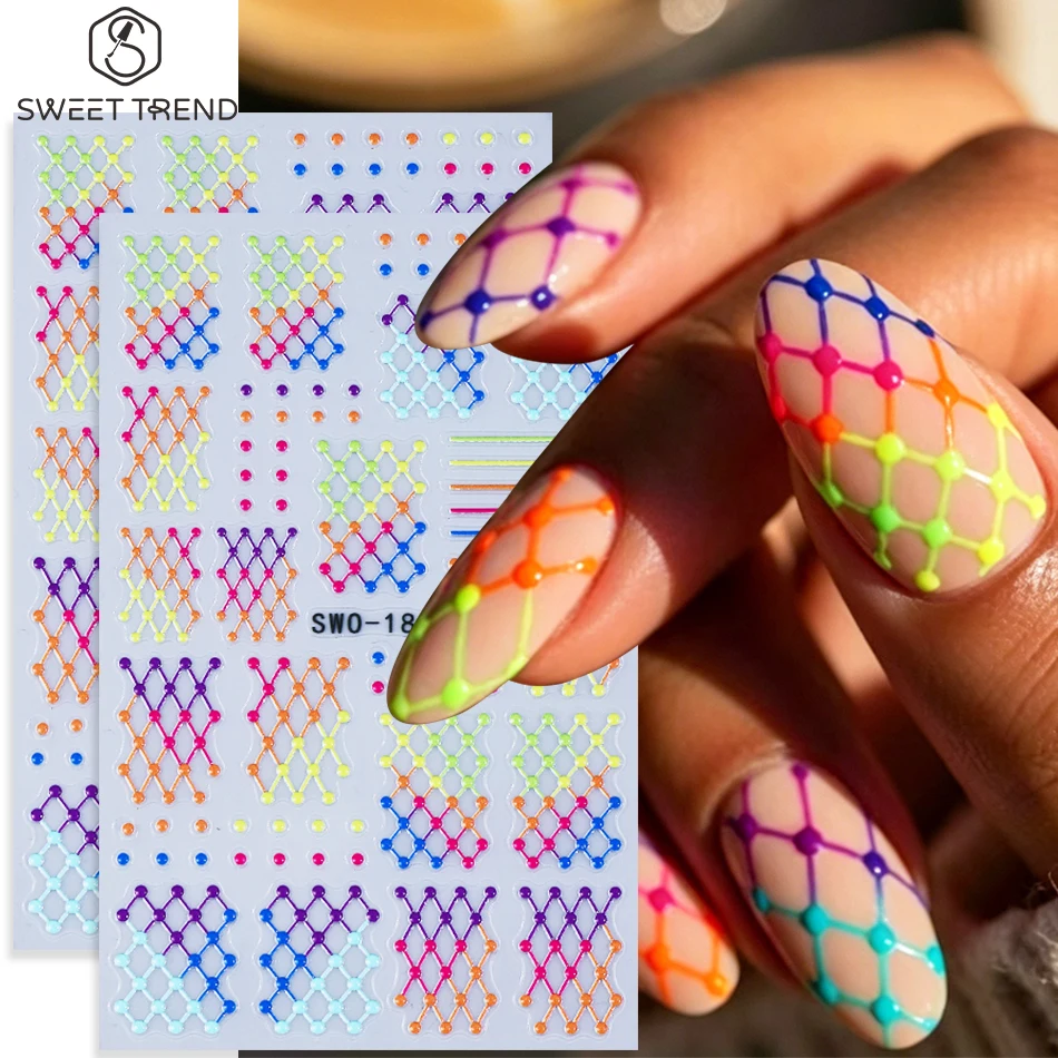 2pcs Colorful Line Nail Stickers 3D Neon Plaid Polka Dot Pattern Design Self Adhesive Nail Decals DIY Manicure Decoration Slider
