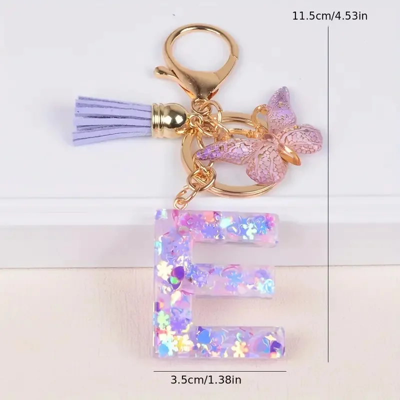 A-F Dreamy Glitter Letter Women's Keychain Tassel Butterfly Pendant Initial Keychain Wallet Hanging Bag Charm Car Keychain