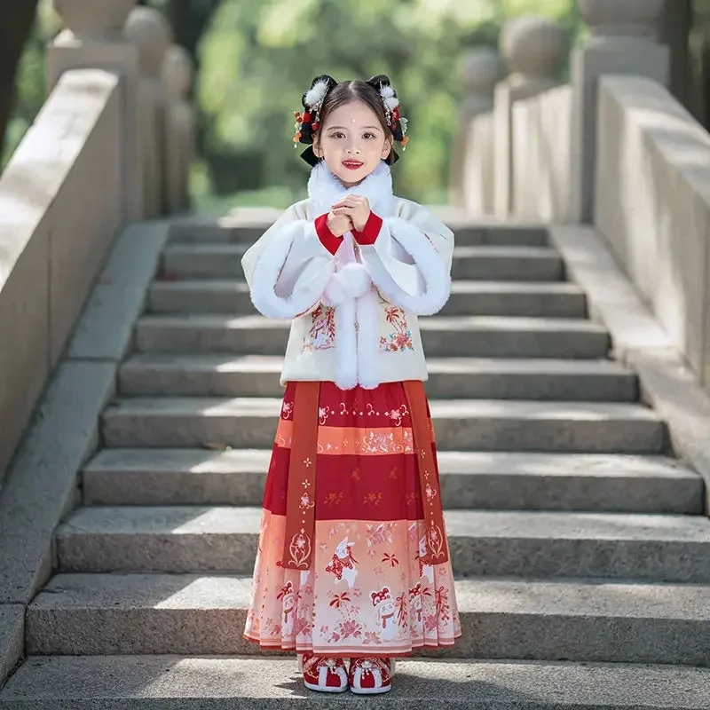 

2 Colors Winter Ancient Chinese Costume Chinese Style Girls Hanfu Dress Set Vintage Fluff Edge Thicken Coat New Year Tang Suit