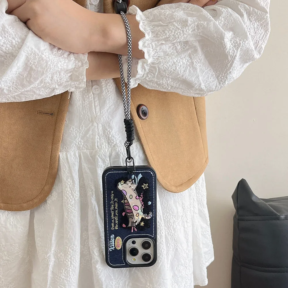 Luxury Korean Y2K Denim Embroidered Cat Phone Case For iphone 14 13 12 11 Pro Max Shockproof Bumper Back Cover Gift With Lanyard