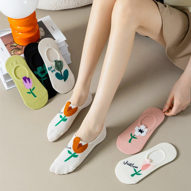 5 Pairs Women Socks Spring Summer Thin Candy Colors Cartoon Flower Boat Socks Female Cute Shallow Mouth Japanese Invisible Socks