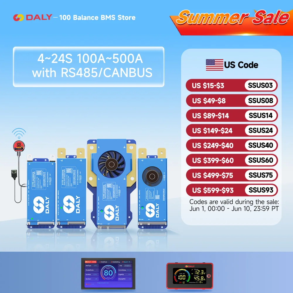 Daly BMS WiFi Active BMS 250 amperios for Lifepo4 4S 8S 24S 100A 150A 200A 500A Active Balance 1A Built-in BT 7S 24V 12V 48V