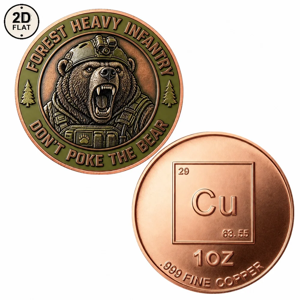 1pc Military Grizzly Bear 1 OZ Copper Challenge Coin Forest Heavy Infantry Tactical Bear Collectible Coin Animal Souvenir Gift