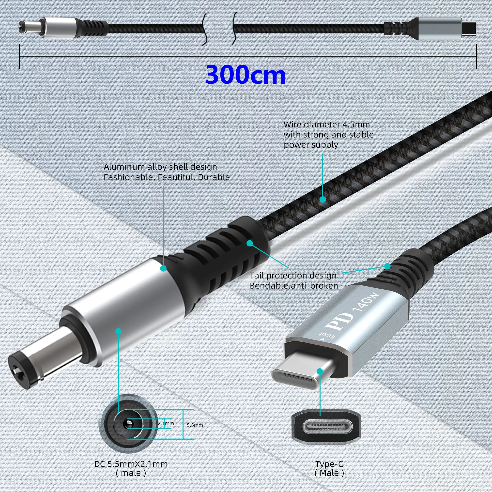 9.9FT/3M For Starlink Mini Power Cable Direct to USB-C, 140W DC 5.5 x 2.1mm Male to Type-C Male Compatible 140W+ PD Power Supply