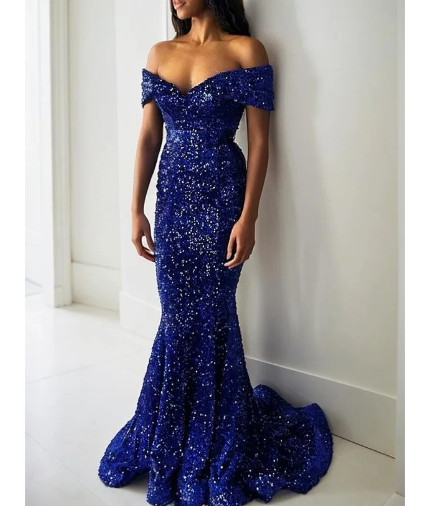 

Customized Luxury Sequined Mermaid Off the Shoulder Evening Dress Delicate Short Sleeves V-Neck Floor Length Party Gowns
