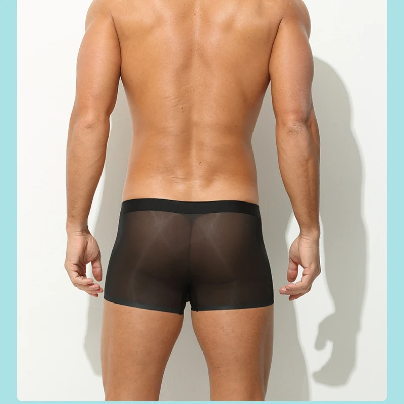 Nude-Feel Mesh Underpants Men Summer Ultra-Sheer Bulge Pouch Boxer Trunks Ice Silk Seamless Underwear Soft Knickers Male Panties