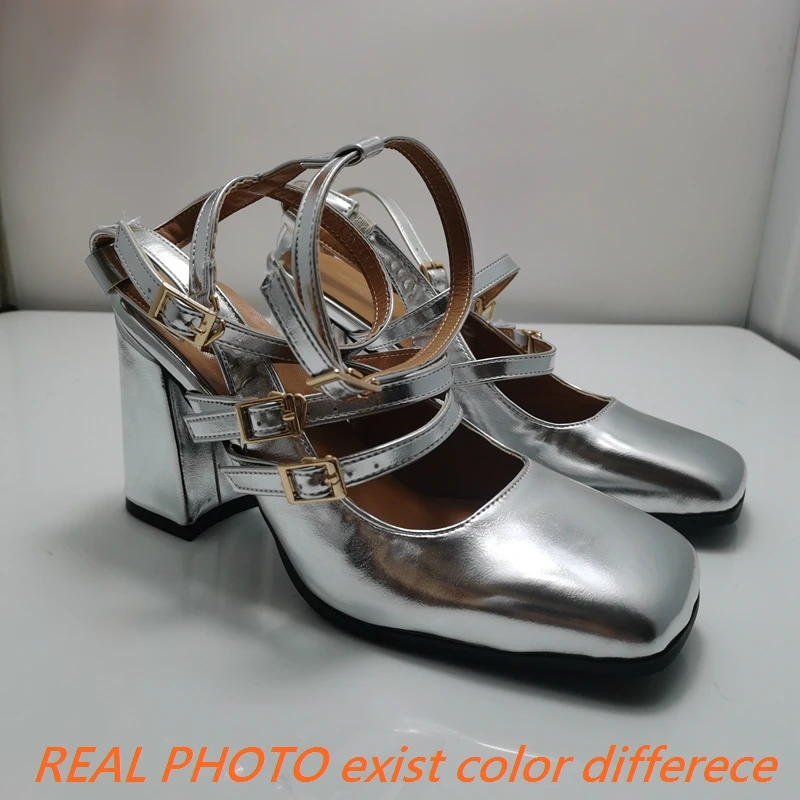 REAVE CAT 2024 Women Sandals 32 33 Patent Leather High Heels Shoes Strap Toe Multi-buckle Janes Shoes 45 46