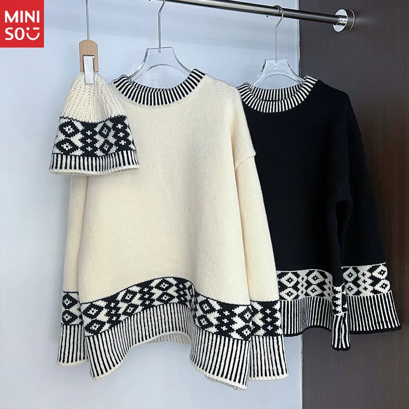 Miniso 2025 Jacquard Crewneck Sweater, Women's Loose Knit Top, Thick Cozy Autumn Pullover