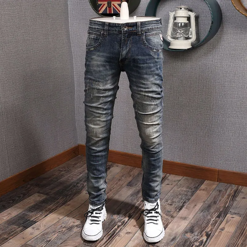 

Newly Designer Fashion Men Jeans Retro Washed Blue Stretch Slim Fit Ripped Jeans Men Italian Style Vintage Denim Pants Hombre