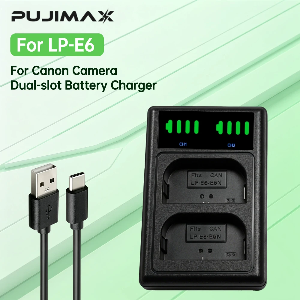 PUJIMAX LP-E6 LP-E6 E6N LCD Dual-slot charger with for Canon EOS 5DS R 5D Mark II 5D Mark III 6D 7D 80D EOS 5DS R Camera