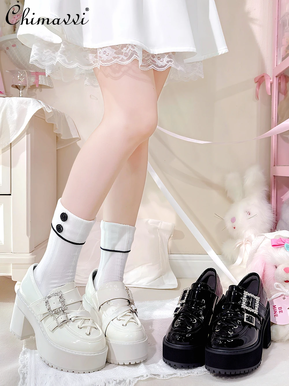 

Original Japanese Loafers Mass-Produced Heavy Rhinestone Platform Thick-Soled Shoes Girl Autumn New Lolita JK Student High Heels