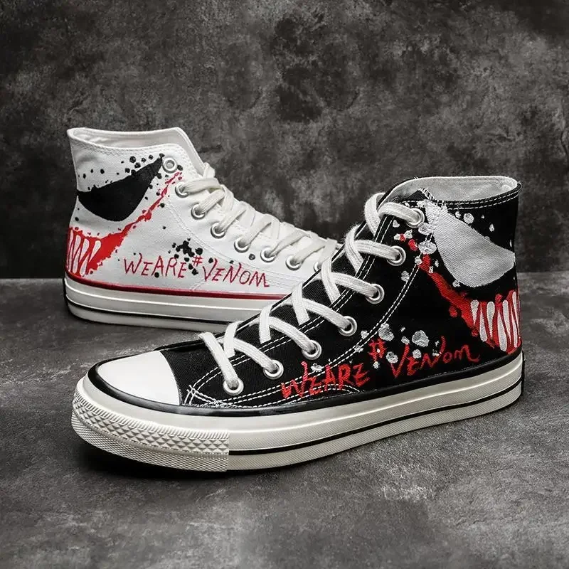 كوس فيلم فينوم قماش موضة أنيمي عادية عالية أعلى أحذية رياضية في سن المراهقة للجنسين أبيض وأسود اليوسفي بطة الأحذية